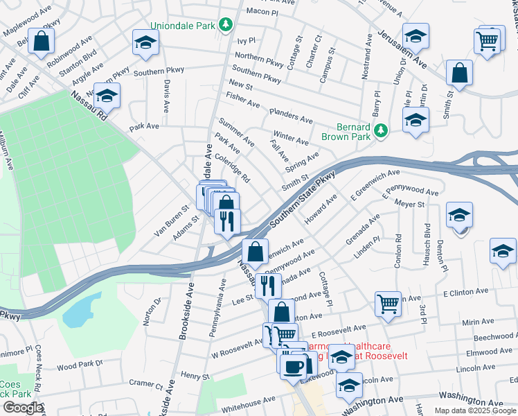 map of restaurants, bars, coffee shops, grocery stores, and more near 923 Lee Rd in Uniondale