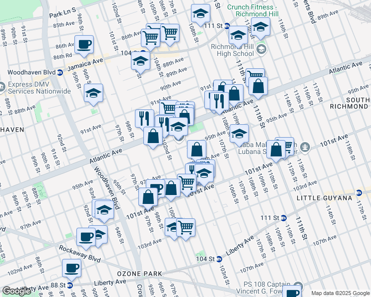 map of restaurants, bars, coffee shops, grocery stores, and more near 95-02 104th Street in Queens