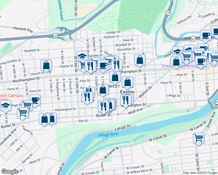 map of restaurants, bars, coffee shops, grocery stores, and more near 1032 Ferry Street in Easton