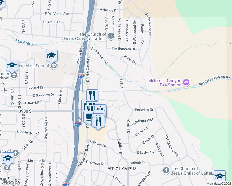 map of restaurants, bars, coffee shops, grocery stores, and more near 3675 East 3820 South in Salt Lake City