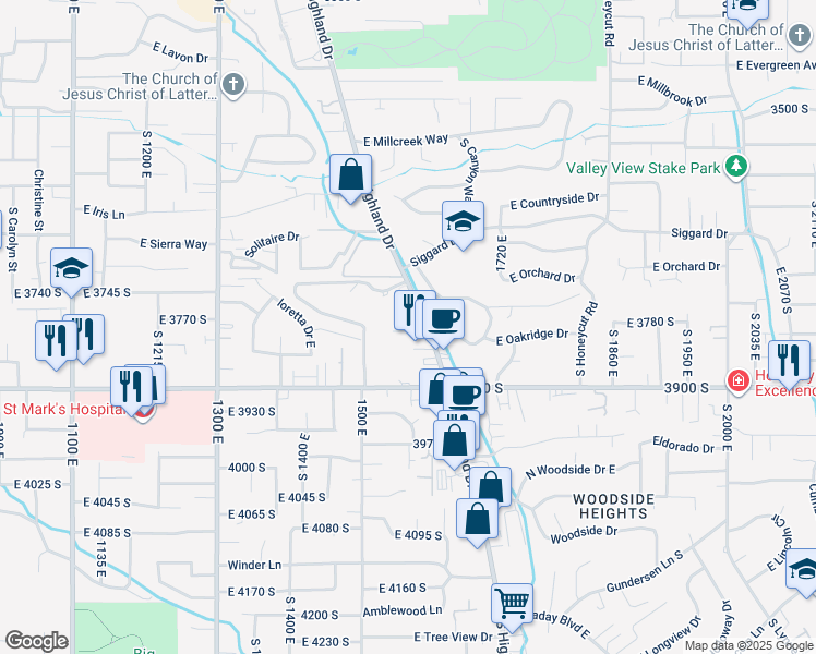 map of restaurants, bars, coffee shops, grocery stores, and more near 1565 East Talo Court in Millcreek