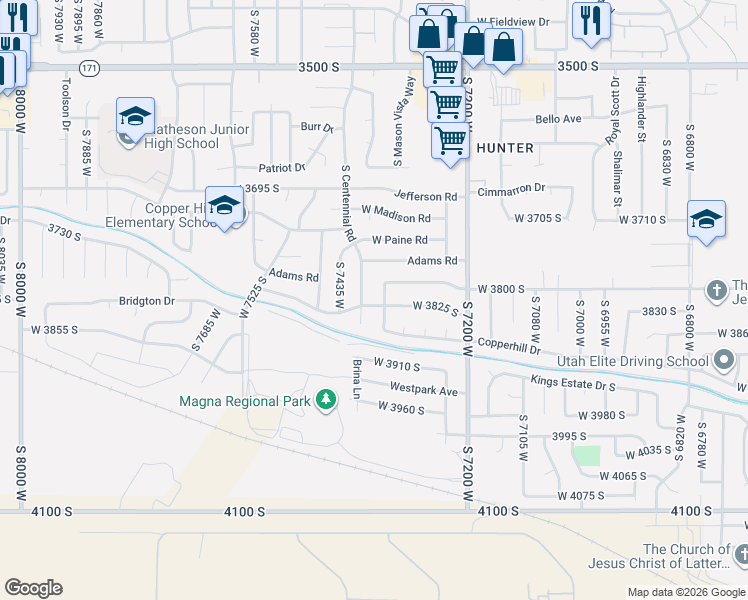 map of restaurants, bars, coffee shops, grocery stores, and more near 7342 West 3825 South in Magna