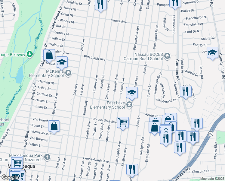 map of restaurants, bars, coffee shops, grocery stores, and more near 218 Grand Boulevard in Massapequa Park