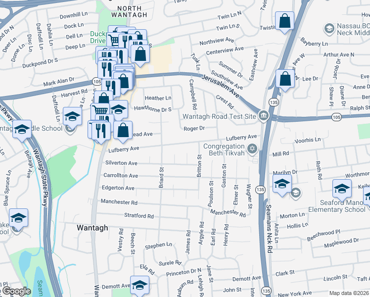 map of restaurants, bars, coffee shops, grocery stores, and more near 3562 Lufberry Avenue in Wantagh