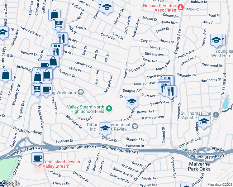 map of restaurants, bars, coffee shops, grocery stores, and more near 678 Hewlett Street in Franklin Square