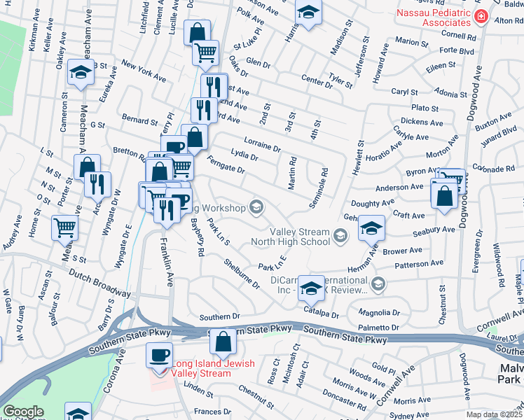 map of restaurants, bars, coffee shops, grocery stores, and more near 1009 Park Lane North in Franklin Square