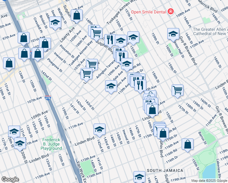 map of restaurants, bars, coffee shops, grocery stores, and more near 145-27 Glassboro Avenue in Queens