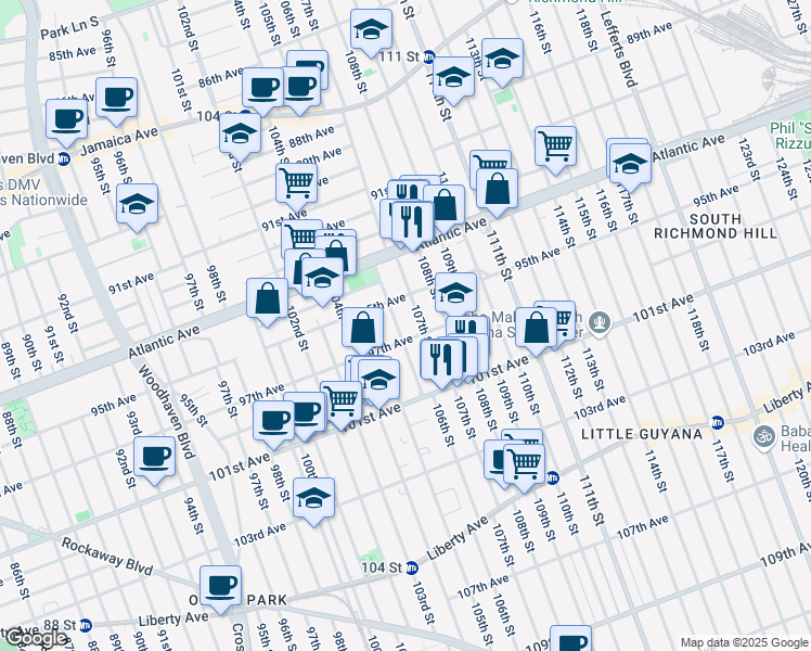 map of restaurants, bars, coffee shops, grocery stores, and more near 95-26 107th Street in Queens