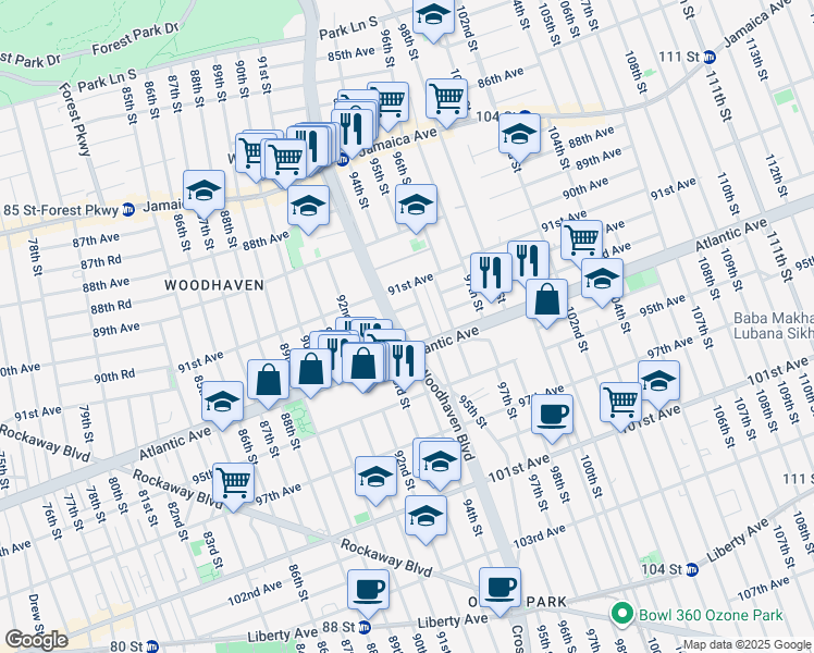 map of restaurants, bars, coffee shops, grocery stores, and more near 9206 Woodhaven Boulevard in Queens
