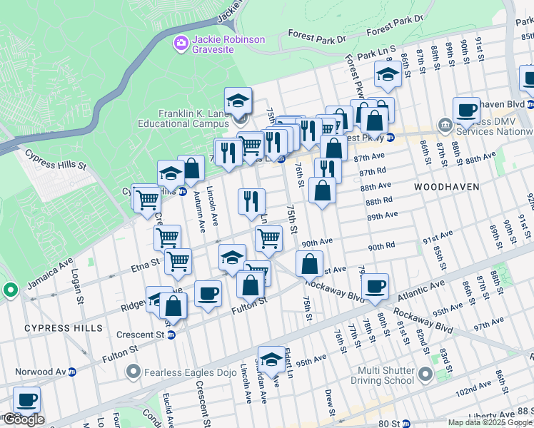 map of restaurants, bars, coffee shops, grocery stores, and more near 8801 Eldert Lane in Queens