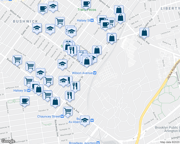 map of restaurants, bars, coffee shops, grocery stores, and more near in Brooklyn