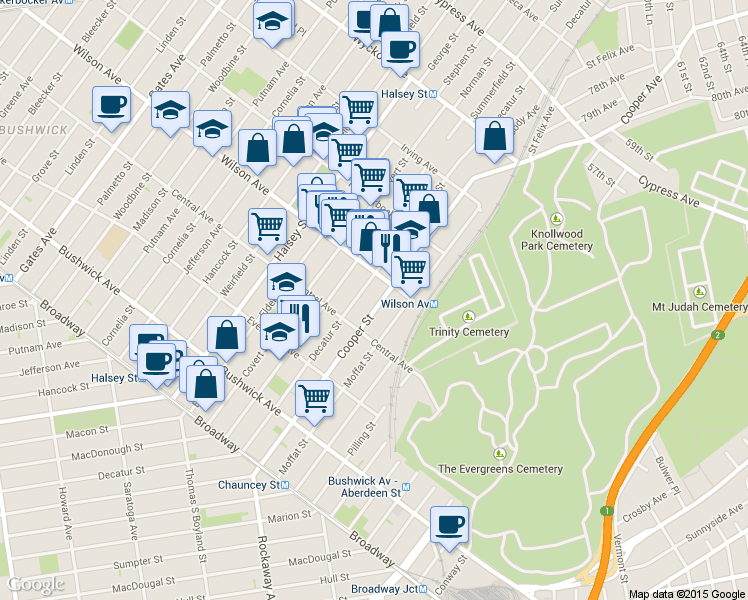 map of restaurants, bars, coffee shops, grocery stores, and more near 183 Cooper Street in Brooklyn