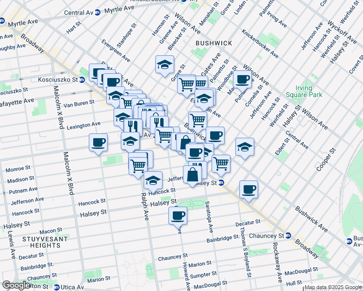 map of restaurants, bars, coffee shops, grocery stores, and more near 16 Woodbine Street in Brooklyn