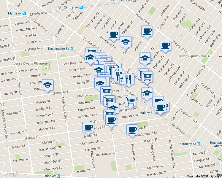 map of restaurants, bars, coffee shops, grocery stores, and more near 831 Monroe Street in Brooklyn