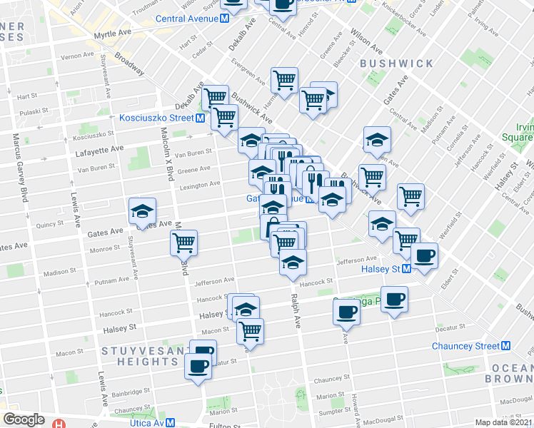 map of restaurants, bars, coffee shops, grocery stores, and more near 980 Gates Avenue in Brooklyn