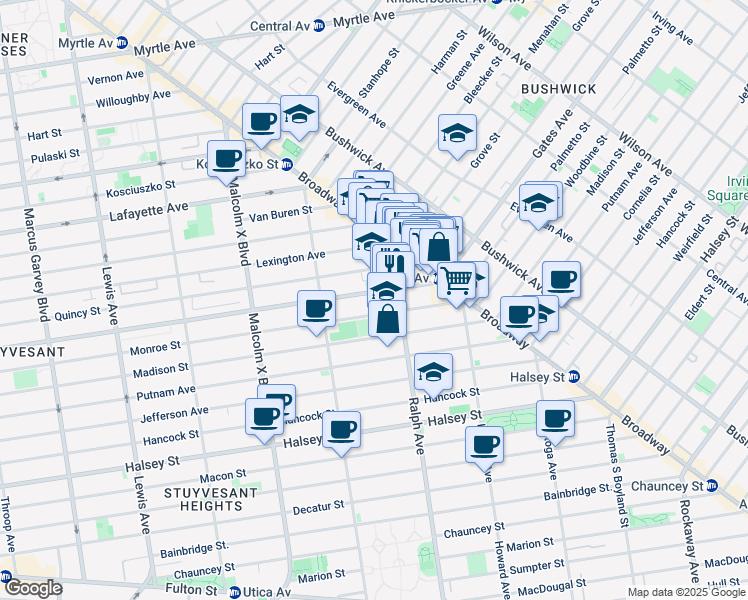 map of restaurants, bars, coffee shops, grocery stores, and more near 980 Gates Avenue in Brooklyn