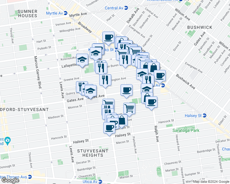map of restaurants, bars, coffee shops, grocery stores, and more near 921 Gates Avenue in Brooklyn