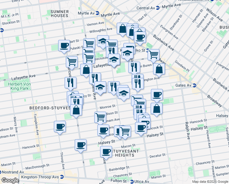 map of restaurants, bars, coffee shops, grocery stores, and more near 639 Quincy Street in Brooklyn