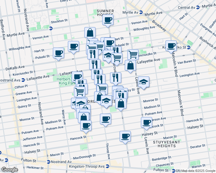 map of restaurants, bars, coffee shops, grocery stores, and more near 519 Lexington Avenue in Brooklyn
