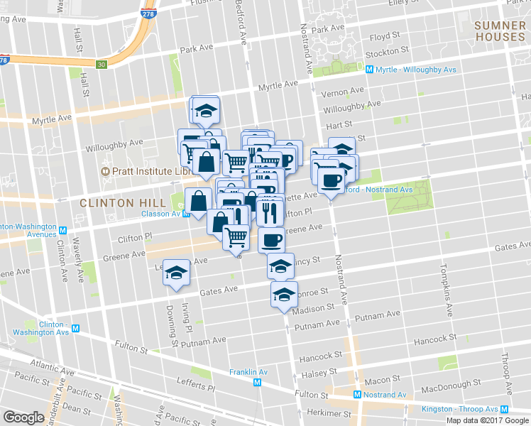 map of restaurants, bars, coffee shops, grocery stores, and more near 476 Lafayette Avenue in Brooklyn
