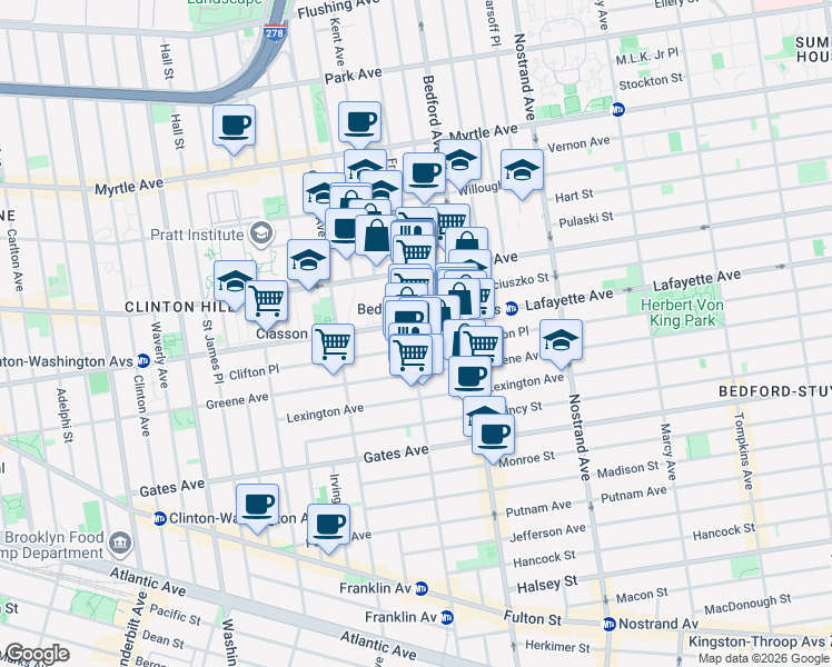 map of restaurants, bars, coffee shops, grocery stores, and more near 446A Lafayette Avenue in Brooklyn