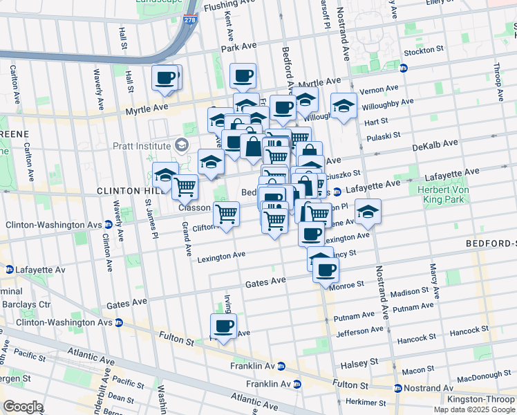 map of restaurants, bars, coffee shops, grocery stores, and more near 446A Lafayette Avenue in Brooklyn