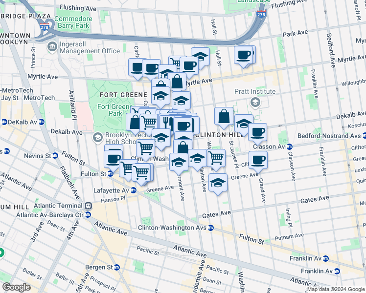 map of restaurants, bars, coffee shops, grocery stores, and more near 276 Vanderbilt Avenue in Brooklyn