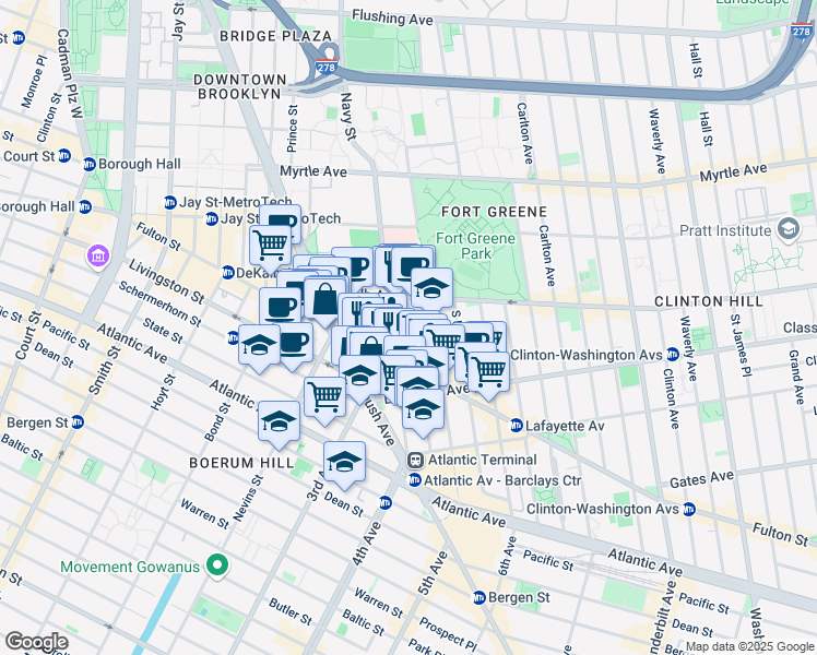 map of restaurants, bars, coffee shops, grocery stores, and more near 201 1/2 Ashland Place in Brooklyn