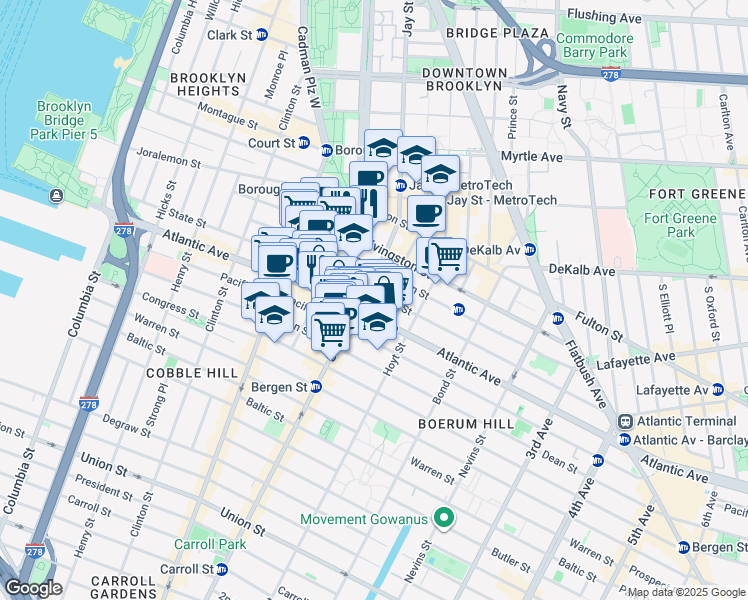 map of restaurants, bars, coffee shops, grocery stores, and more near 307 Atlantic Avenue in Brooklyn