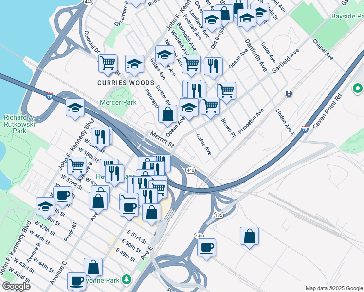 map of restaurants, bars, coffee shops, grocery stores, and more near 92 Garfield Avenue in Jersey City