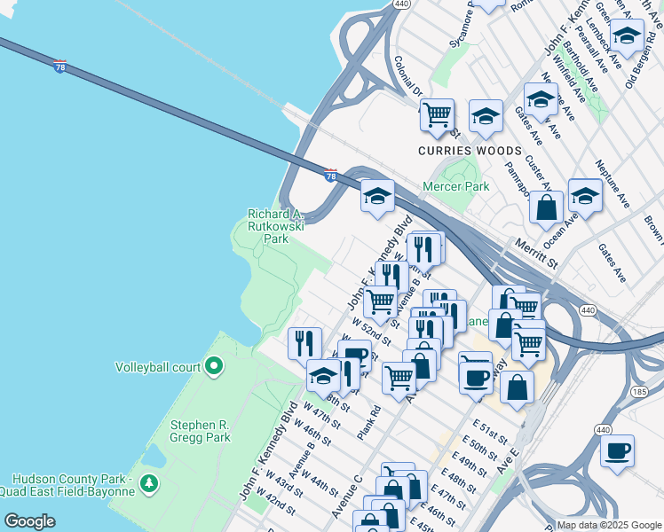 map of restaurants, bars, coffee shops, grocery stores, and more near 190 West 54th Street in Bayonne
