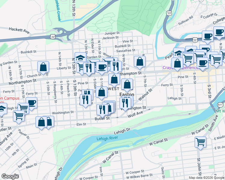 map of restaurants, bars, coffee shops, grocery stores, and more near 1032 Ferry Street in Easton