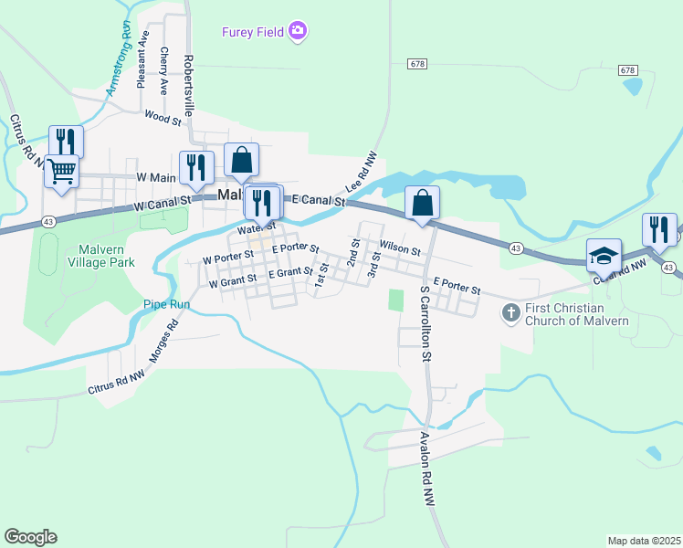 map of restaurants, bars, coffee shops, grocery stores, and more near 309 East Grant Street in Malvern