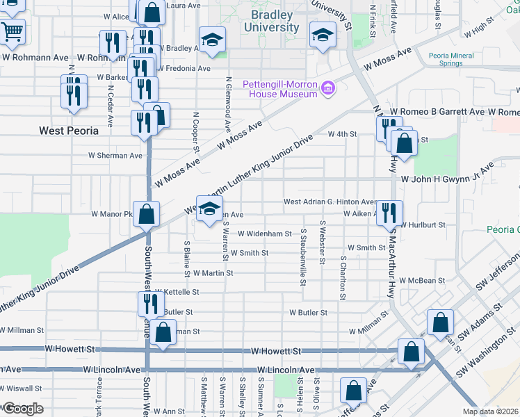 map of restaurants, bars, coffee shops, grocery stores, and more near 101-111 North DuSable Street in Peoria
