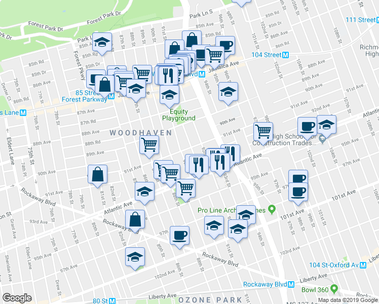 map of restaurants, bars, coffee shops, grocery stores, and more near 90-16 91st Avenue in Queens