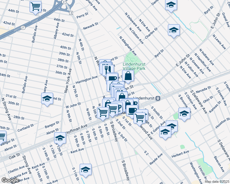 map of restaurants, bars, coffee shops, grocery stores, and more near 202 North Wellwood Avenue in Lindenhurst