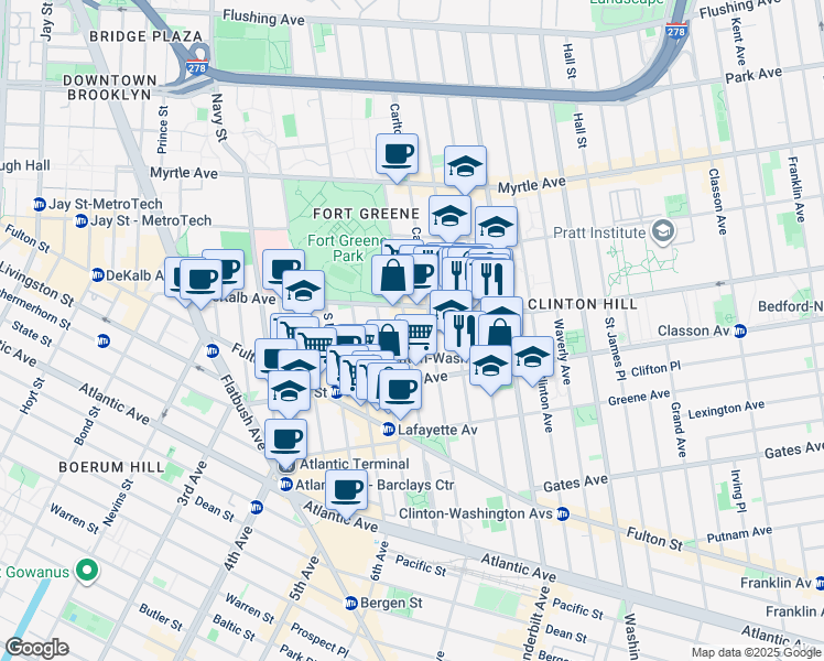 map of restaurants, bars, coffee shops, grocery stores, and more near 235 Cumberland Street in Brooklyn