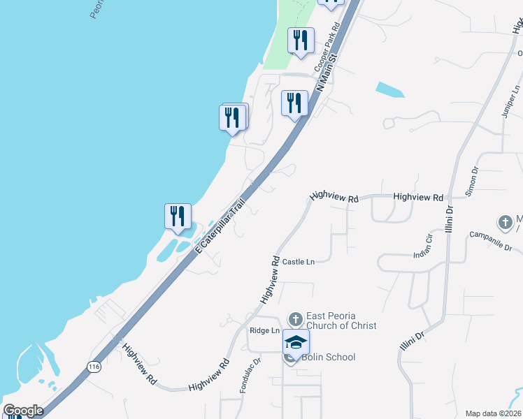 map of restaurants, bars, coffee shops, grocery stores, and more near 2106 North Main Street in East Peoria