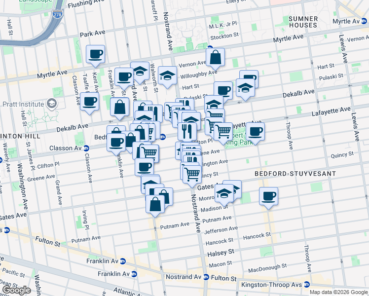 map of restaurants, bars, coffee shops, grocery stores, and more near 318 Nostrand Avenue in Brooklyn