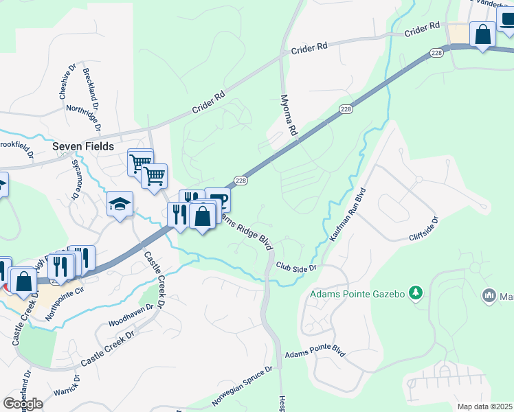 map of restaurants, bars, coffee shops, grocery stores, and more near 215 Birch Street in Mars