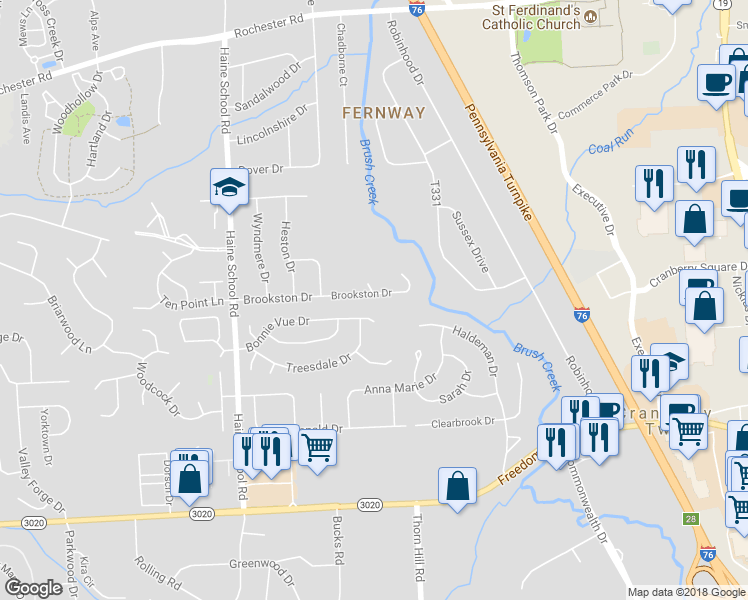 map of restaurants, bars, coffee shops, grocery stores, and more near 300 Brookston Drive in Cranberry Township