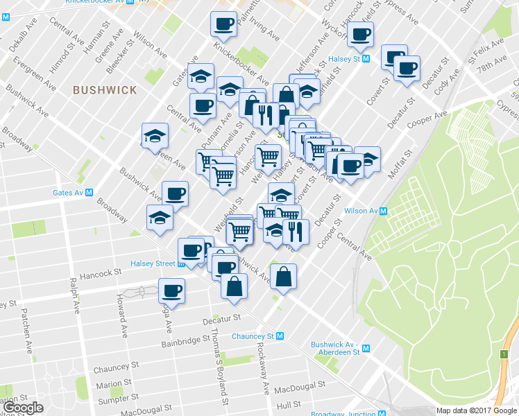map of restaurants, bars, coffee shops, grocery stores, and more near 1104 Halsey Street in Brooklyn
