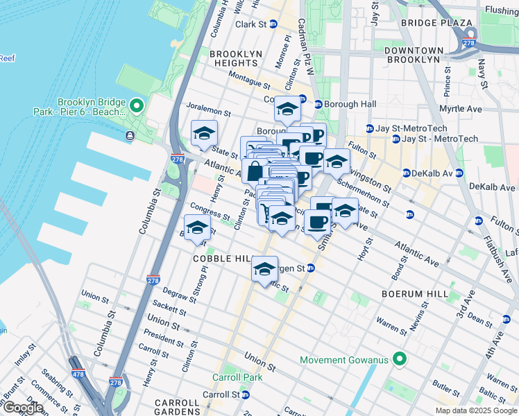map of restaurants, bars, coffee shops, grocery stores, and more near 174 Pacific Street in Brooklyn