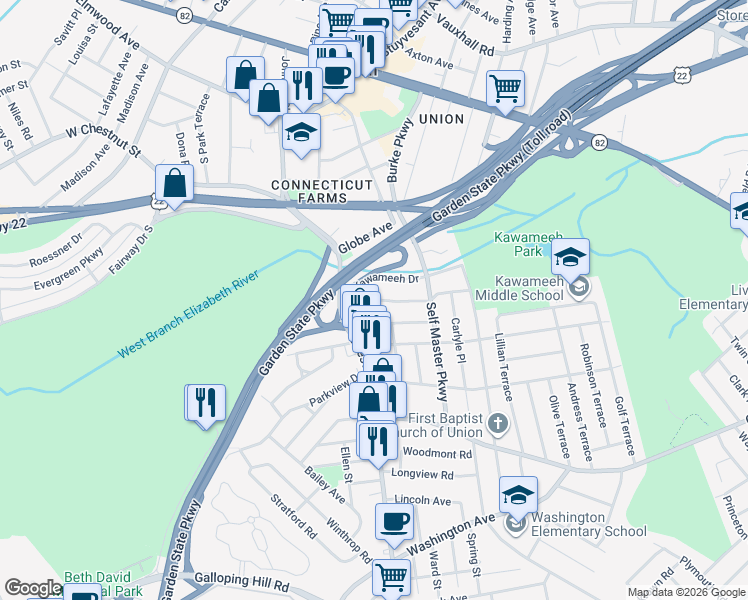 map of restaurants, bars, coffee shops, grocery stores, and more near 228 Winfield Terrace in Union