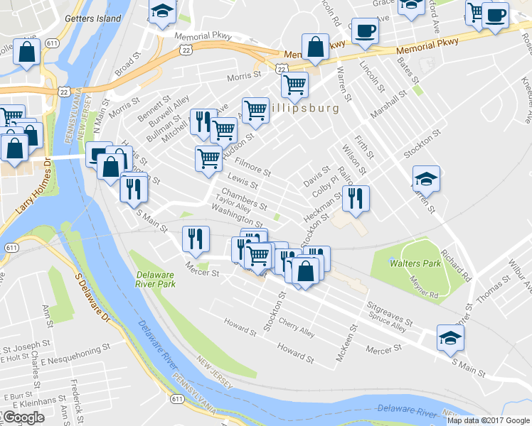 map of restaurants, bars, coffee shops, grocery stores, and more near 292 Chambers St in Phillipsburg