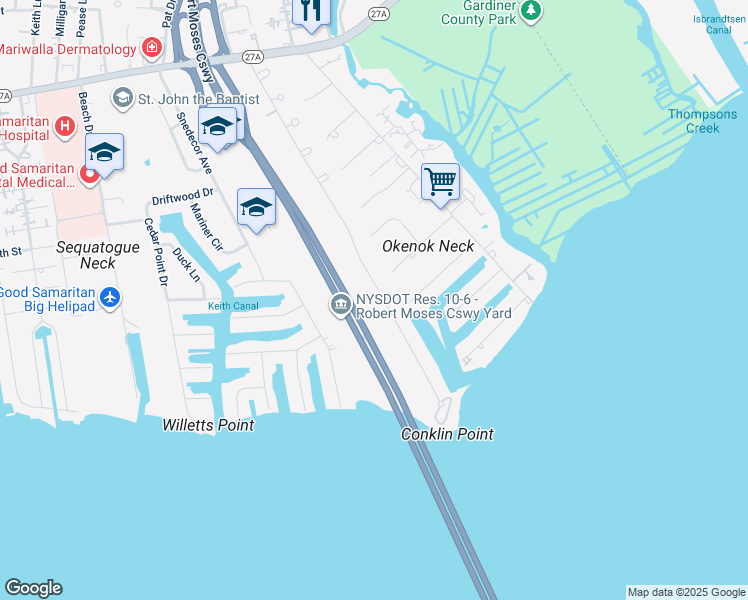 map of restaurants, bars, coffee shops, grocery stores, and more near 132 Pace Drive South in West Islip