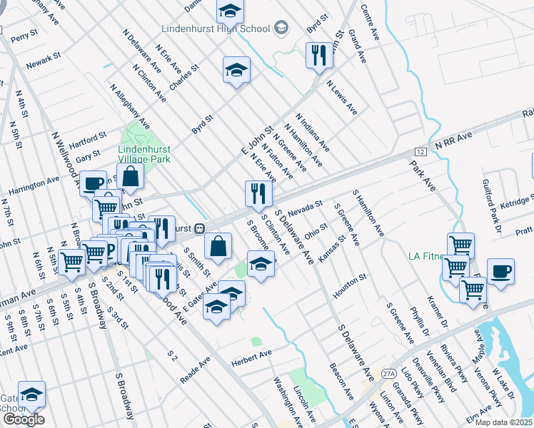 map of restaurants, bars, coffee shops, grocery stores, and more near 195 County Road 12 in Lindenhurst