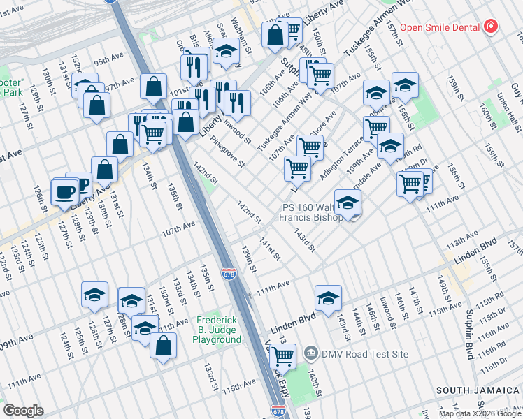 map of restaurants, bars, coffee shops, grocery stores, and more near 107-39 142nd Street in Queens