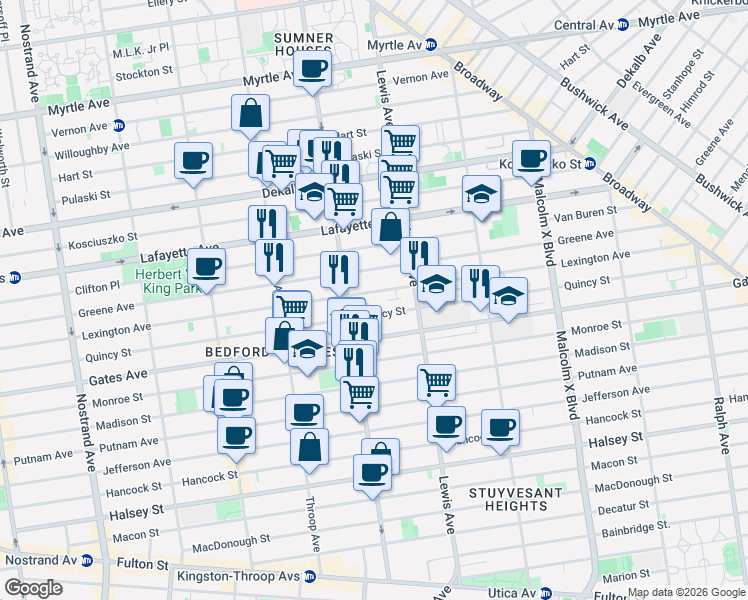 map of restaurants, bars, coffee shops, grocery stores, and more near 554A Lexington Avenue in Brooklyn