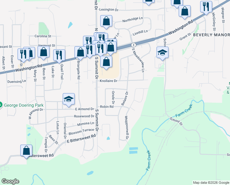 map of restaurants, bars, coffee shops, grocery stores, and more near 407 Oriole Drive in Washington
